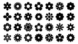 Black flower icons. Geometric silhouette symbols of chamomile and daisy, stylized floral decorative elements and dark flower logos. Vector simple graphic set