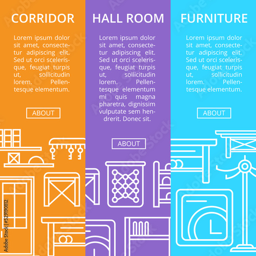 Corridor furniture linear poster set. Hallway interior design, stylish apartment decor and renovation. Interroom door, clothes hanger, bookshelf, cupboard, tabouret, key hanger vector illustration