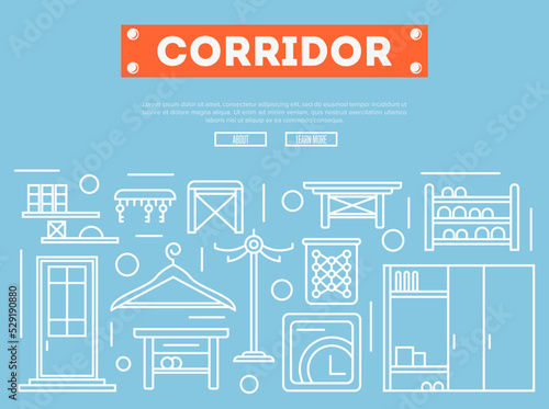 Corridor furniture poster in linear style. Hallway interior design, stylish apartment decor and renovation. Interroom door, clothes hanger, cupboard, tabouret, key hanger vector illustration