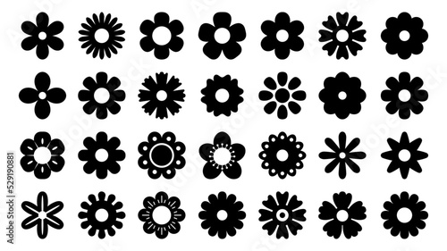 Black flower icons. Geometric silhouette symbols of chamomile and daisy, stylized floral decorative elements and dark flower logos. Vector simple graphic set