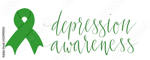 National Depression Education and Awareness Month October handwritten lettering and green support ribbon. Web banner vector template