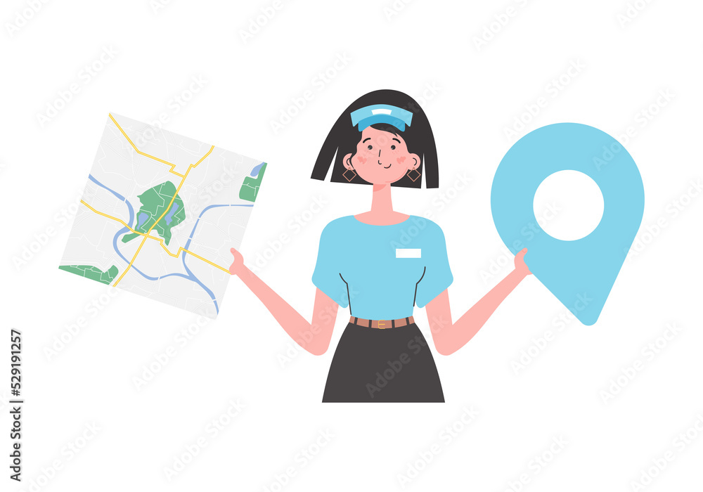 Girl delivery operator with a map in her hands. The character is depicted to the waist.   