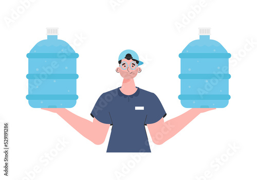 A man is holding a bottle of water. Delivery concept. The stylish character is depicted to the waist. 