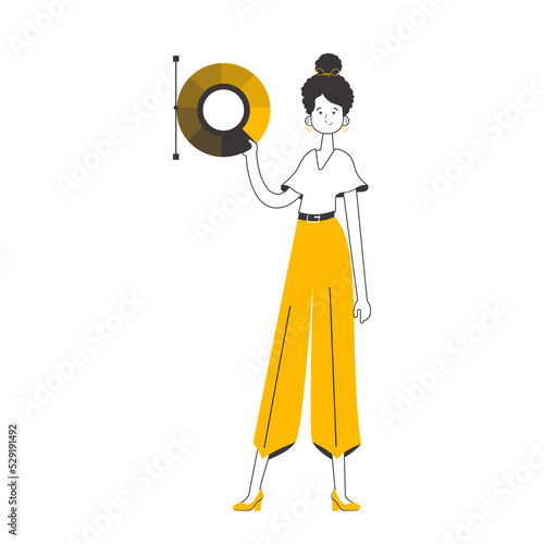 Girl designer holds a color wheel in her hands. Lines modern style.    