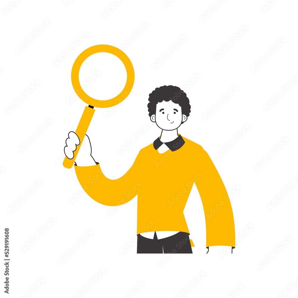 The guy is holding a magnifying glass in his hands. Search concept. Line art style.  