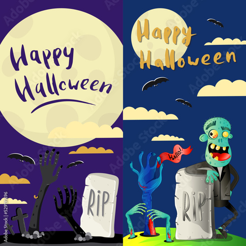 Happy Halloween party cards with cute zombie in graveyard at full moon. Halloween event advertising with scary undeads, festive funny carnival poster. Walking dead in cemetery vector illustration.