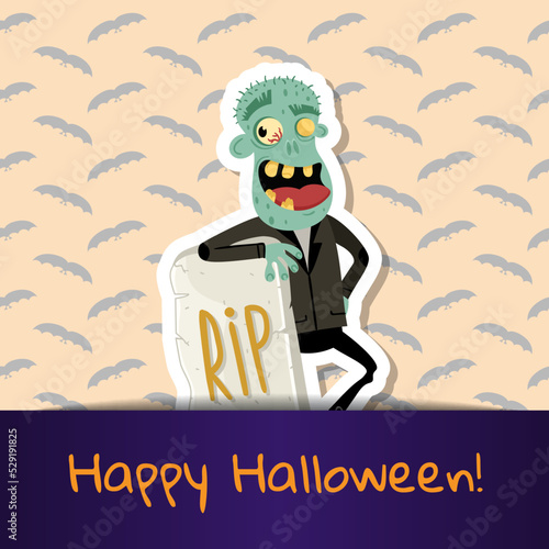 Happy Halloween poster with cute zombie in business suit near rip gravestone. Halloween event advertising with funny undead, festive carnival poster. Walking dead man character vector illustration