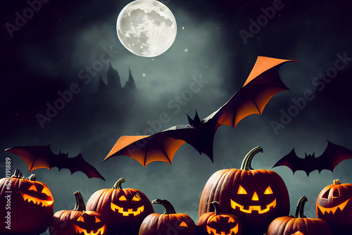 halloween background, bats, pumpkins, full moon and stars at night, neural network generated art. Digitally generated image. Not based on any actual scene or pattern. photo