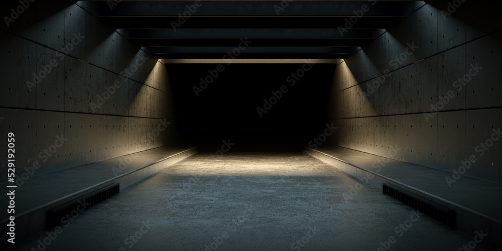Fototapeta premium Underground Empty Stage Corridor Passage With Sun Light Shade On Concrete Cement Floor 3d Rendering