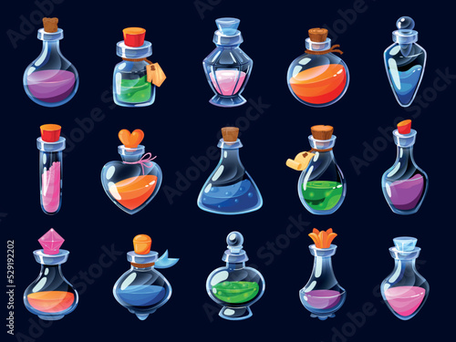 Game potion. Cartoon elixir for strength mana and stamina, love potion poison and antidote in magic phials 2D game UI icon asset. Vector sprite interface elements set photo