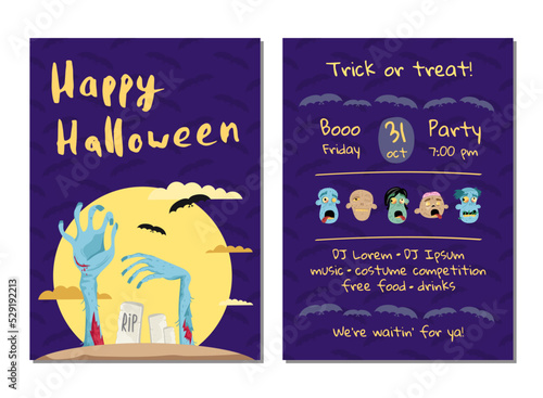 Halloween party invitation with monster hands in graveyard at full moon. Halloween event advertising with funny undeads, festive cute carnival poster. Walking dead in cemetery vector illustration.