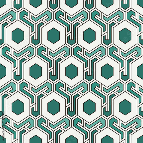 Honeycomb seamless pattern. Hexagon mosaic tiles ornament. Ethnic surface print. Repeated geometric figures background. Ornamental wallpaper. Modern geo design digital paper.