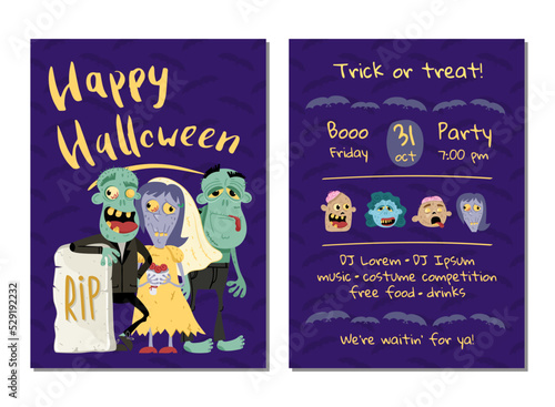 Halloween party invitation with funny zombies in graveyard. Halloween event advertising with scary undeads, festive cute carnival poster. Walking dead characters in cemetery vector illustration.