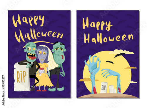 Happy Halloween party cards with cute zombies in graveyard. Halloween event advertising with scary undeads, festive funny carnival poster. Walking dead characters in cemetery vector illustration.