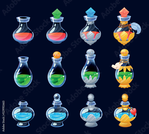 Game elixir. Cartoon GUI potion sprite asset of flasks and phials for life mana and strength for 2D game. Vector colorful potions from weak to strongest icon set