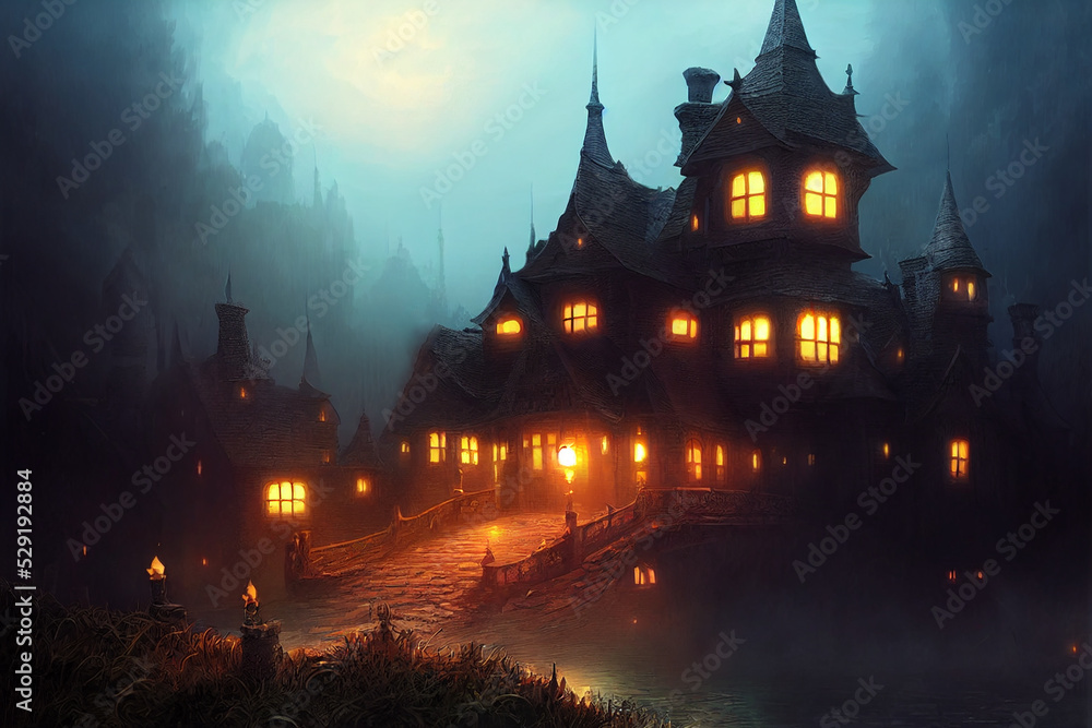 Halloweeen castle scenery with full moon in majestic night sky and highly detailed natural environment landscape. Halloweeen castle scenery with full moon in majestic night sky and highly detailed natural environment landscape.