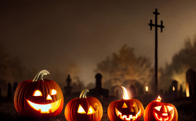 carved Halloween pumpkins glowing in dark foggy forest