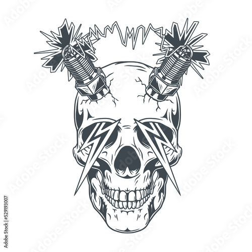 Isolated illustration of skull with spark plugs and lightning