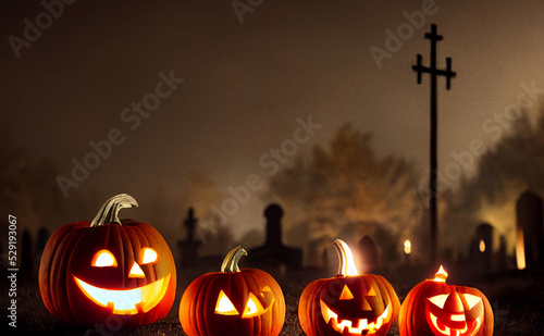 carved Halloween pumpkins glowing in dark foggy forest