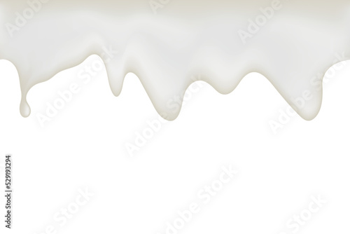 Realistic border of melted white cream or shaving foam for food packaging design. Stock realistic vector border of white or gray fondant hanging on white background