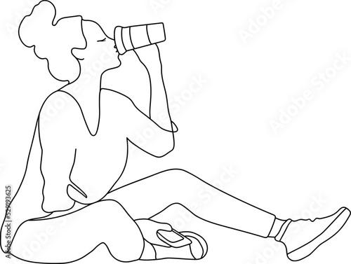 Line art Girl drinking coffee isolated on white background. Seated young girl drinking coffee. One continuous single drawn line art doodle woman girl drinks a hot drink