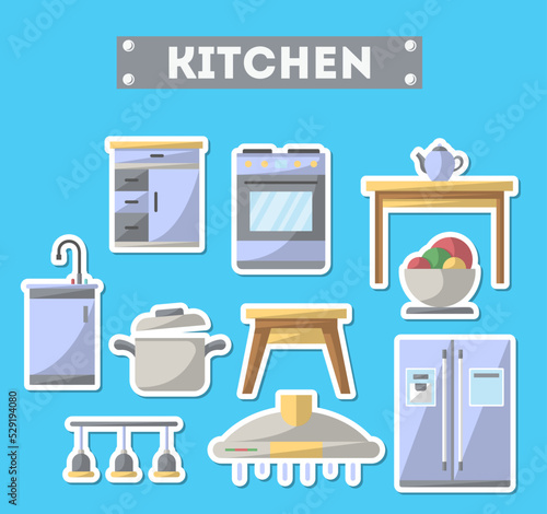 Kitchen furniture icon set. Home interior design, modern apartment decoration isolated elements. Cooking table, wash basin, gas stove, refrigerator, stool, lamp, air extractor vector illustration.