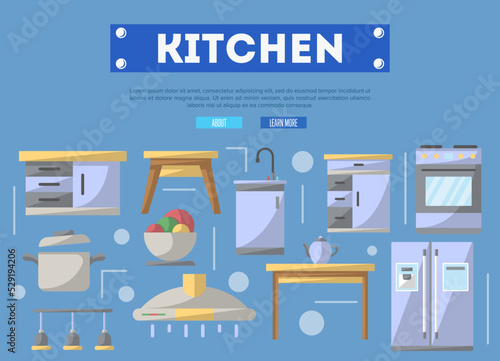 Kitchen furniture poster. Home interior design, modern apartment decoration, furniture renovation. Cooking table, wash basin, gas stove, refrigerator, stool, lamp, air extractor vector illustration.