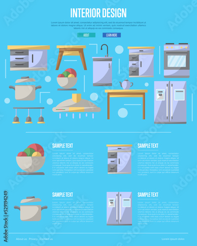 Kitchen interior design poster. Modern apartment decoration and stylish furniture renovation. Cooking table, wash basin, gas stove, refrigerator, stool, lamp, air extractor vector illustration.