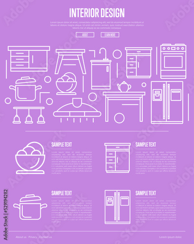 Kitchen interior design linear poster. Modern apartment decoration and stylish furniture renovation. Cooking table, wash basin, gas stove, refrigerator, stool, lamp, air extractor vector illustration