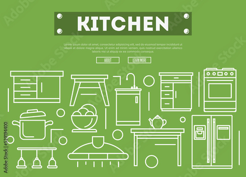 Kitchen furniture linear poster. Home interior design, modern apartment decoration, furniture renovation. Cooking table, wash basin, gas stove, refrigerator, stool, air extractor vector illustration.