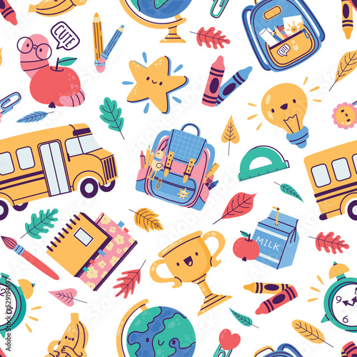 School badges pattern. Seamless print of education stationery supplies, cute colorful weekly planner book stickers. Vector texture illustration
