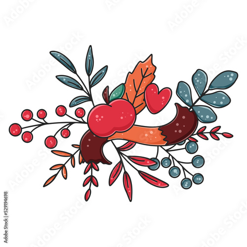 Cozy composition with a knitted scarf  red apples and autumn leaves. Cute digital fall design with foliage. Hand drawn isolated decoration vector illustration