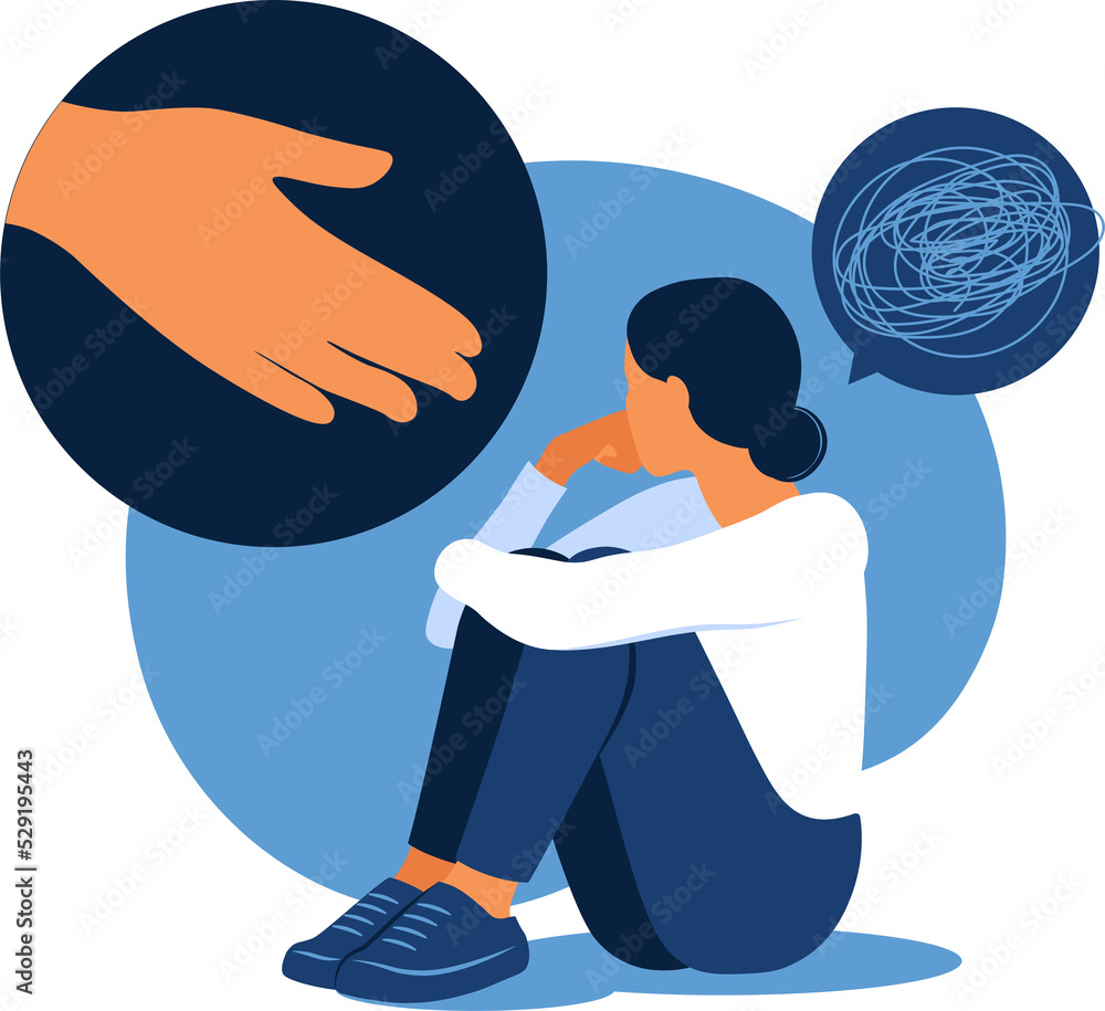 Concept of mental disorder, sorrow and anxiety. Human hand helps. Sad lonely woman in depression. Concept of mental disorder, sorrow and anxiety. Human hand helps. Sad lonely woman in depression.