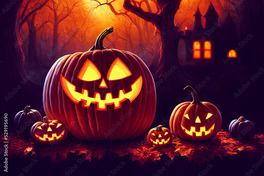 Jack 'O Lantern In Cemetery In Spooky Night With Full Moon Halloween Jack 'O Lantern In Cemetery In Spooky Night With Full Moon Halloween