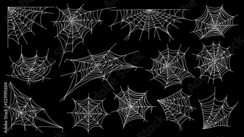 Cobweb. Halloween spider web horror gothic silhouettes for decoration, spooky net with tangled hanging insects. Vector isolated collection