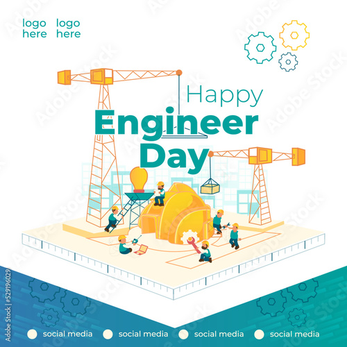 SOCIAL MEDIA POST ENGINEER DAY DESIGN WITH TEAM WORK CHARACTER AND BUILDING 