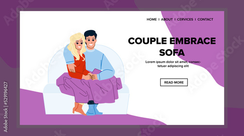 couple embrace sofa vector. home man woman, happy hug, husband wife couple embrace sofa web flat cartoon illustration