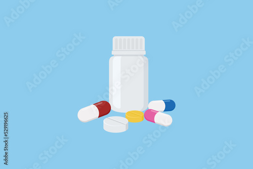 Medicine bottle, pills and capsules Vector illustration isolated on white background.