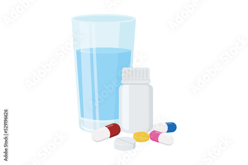 Medicine bottle, pills, capsules and a glass of water Vector illustration isolated on a white background.