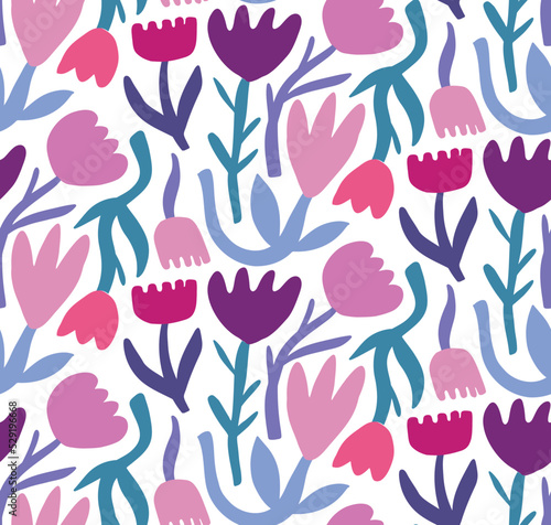 Cute seamless pattern background with paper cut flowers and leaves on white background. Floral simple naive vector art backdrop, wallpaper, repeat texture, print design.