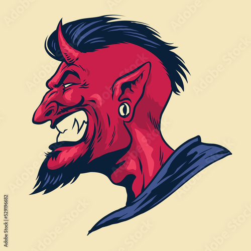 angry side face of devil in vintage hand drawn style
