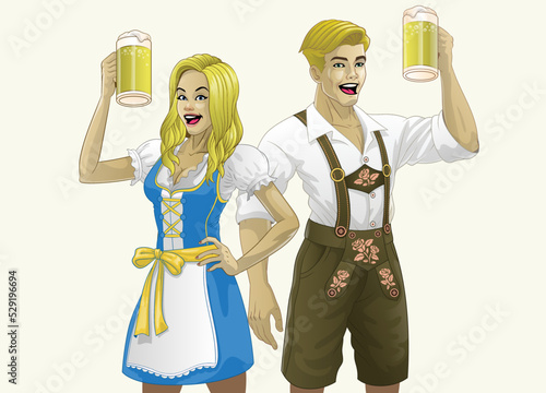 Bavarian German Couple wearing traditional Clothing and Hold the Beers