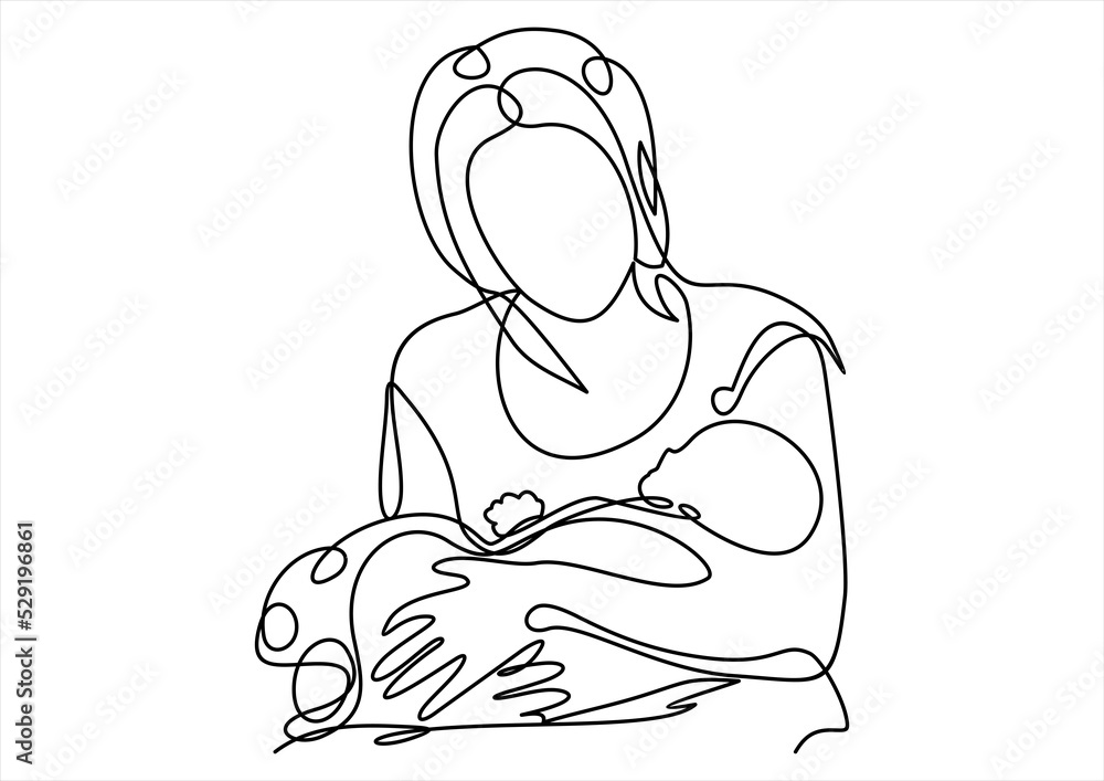happy mother with adorable baby-continuous line drawing