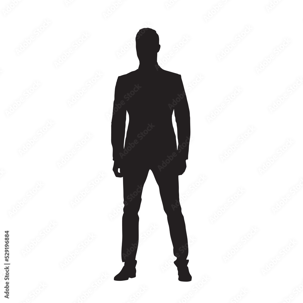 Businessman standing, isolated vector silhouette, front view. Man in suit
