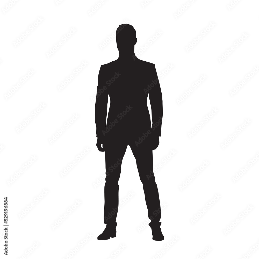 Businessman standing, isolated vector silhouette, front view. Man in suit Businessman standing, isolated vector silhouette, front view. Man in suit