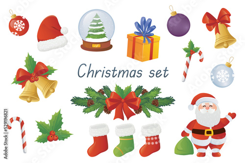 Christmas 2024 decor and symbols 3d realistic set. Bundle of toy balls, Santa Claus, glass snow globe with tree, gift box, bell, wreath, holly, socks and other isolated elements. Vector illustration
