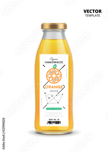 Orange juice realistic glass bottle with label. Healthy organic product, natural vegan nutrition vector packaging mockup. Layout of food identity branding, packaging design for fresh fruit juice