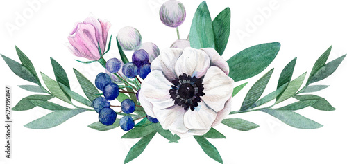White anemone with leaves, Watercolor floral arrangement