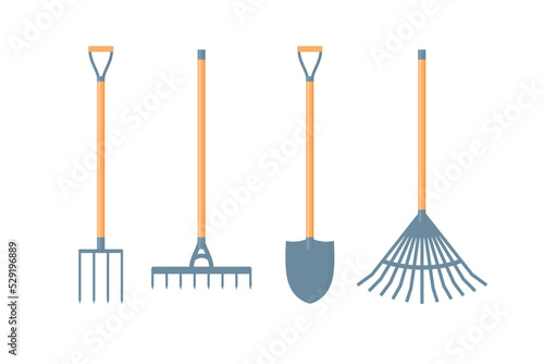 Garden tools set isolated on a white background. shovel, pitchfork, rake, garden shovel