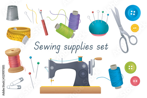 Sewing tools 3d realistic set. Bundle of thimble, needles, pins in holder, thread in reels, scissors, buttons, measuring tape, sewing machine, yarn and other isolated elements.Vector illustration